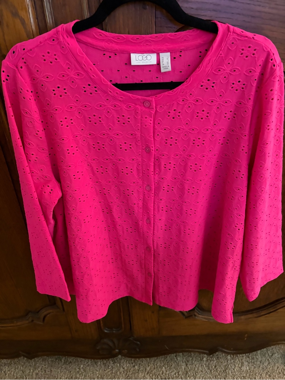 LOGO by Lori Goldstein Bright Pink Eyelet Button-Front Too